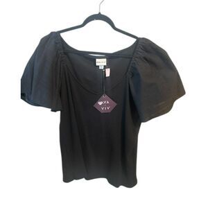 305 Ava & Viv Black Puff Sleeve Textured Top – Square Neck Stretchy Blouse